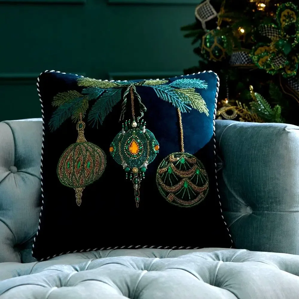NEW MacKenzie-Childs Emerald Ornaments Beaded Throw Pillow 18x18